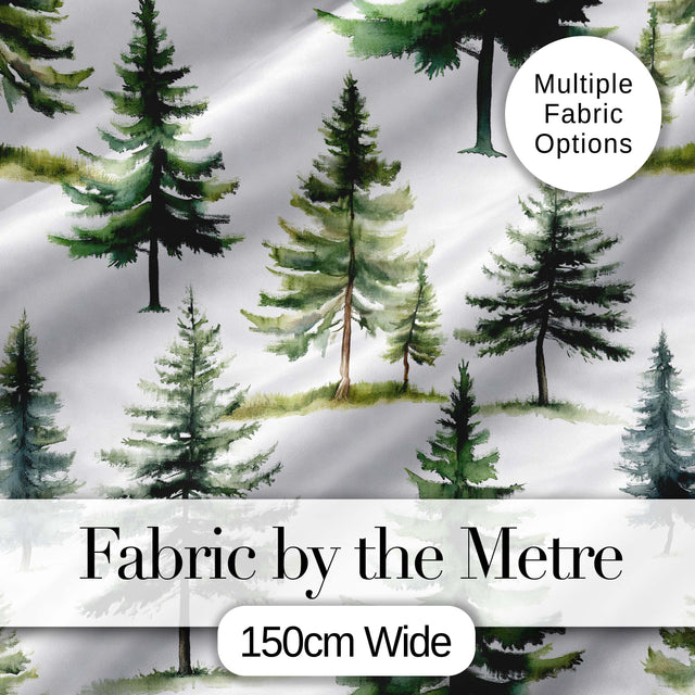 Watercolor Pine Tree Forest Woodland Nature on Light Grey Seamless Pattern Digital Print Fabric by the Metre UK Sewing Quilting Textile