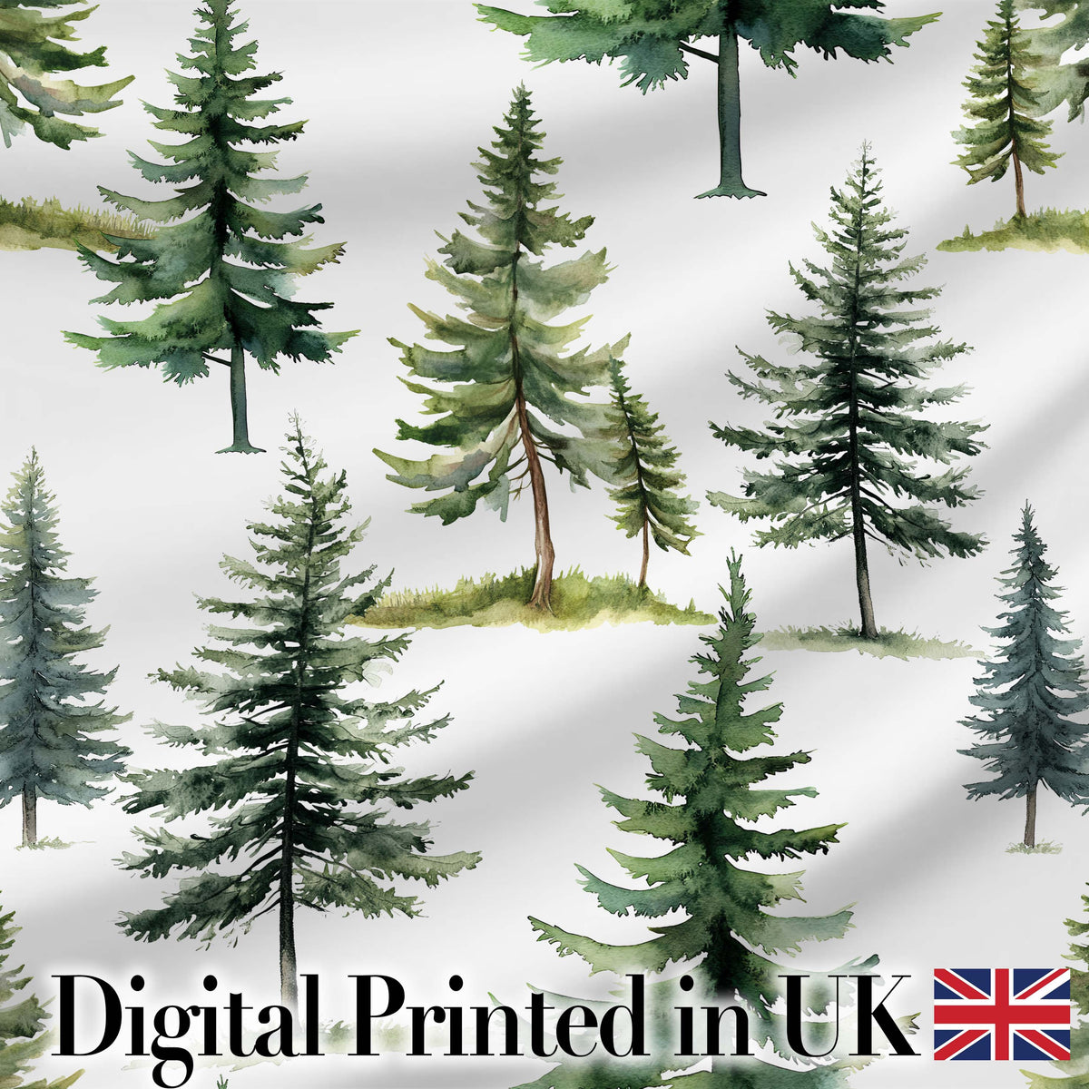 Watercolor Pine Tree Forest Woodland Nature on Light Grey Seamless Pattern Digital Print Fabric by the Metre UK Sewing Quilting Textile