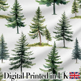 Watercolor Pine Tree Forest Woodland Nature on Light Grey Seamless Pattern Digital Print Fabric by the Metre UK Sewing Quilting Textile
