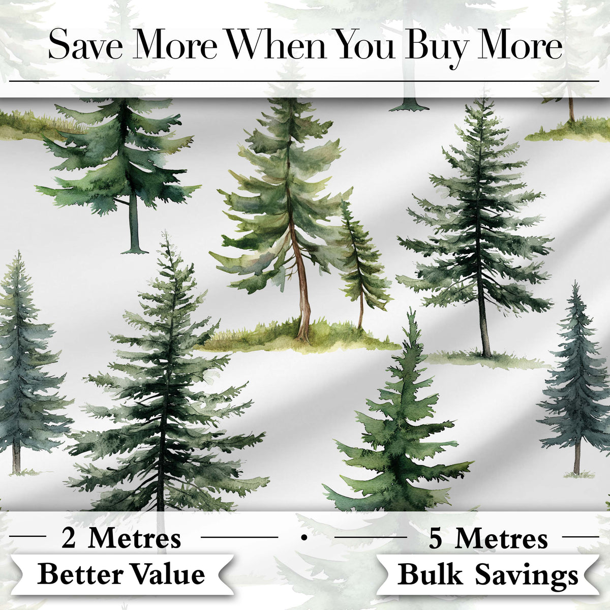 Watercolor Pine Tree Forest Woodland Nature on Light Grey Seamless Pattern Digital Print Fabric by the Metre UK Sewing Quilting Textile