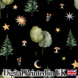 Watercolor Forest Trees Mushrooms Sun Moon Stars Seamless Pattern Digital Print Fabric by the Metre UK Sewing Quilting Textile