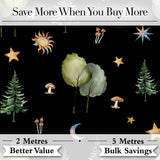 Watercolor Forest Trees Mushrooms Sun Moon Stars Seamless Pattern Digital Print Fabric by the Metre UK Sewing Quilting Textile
