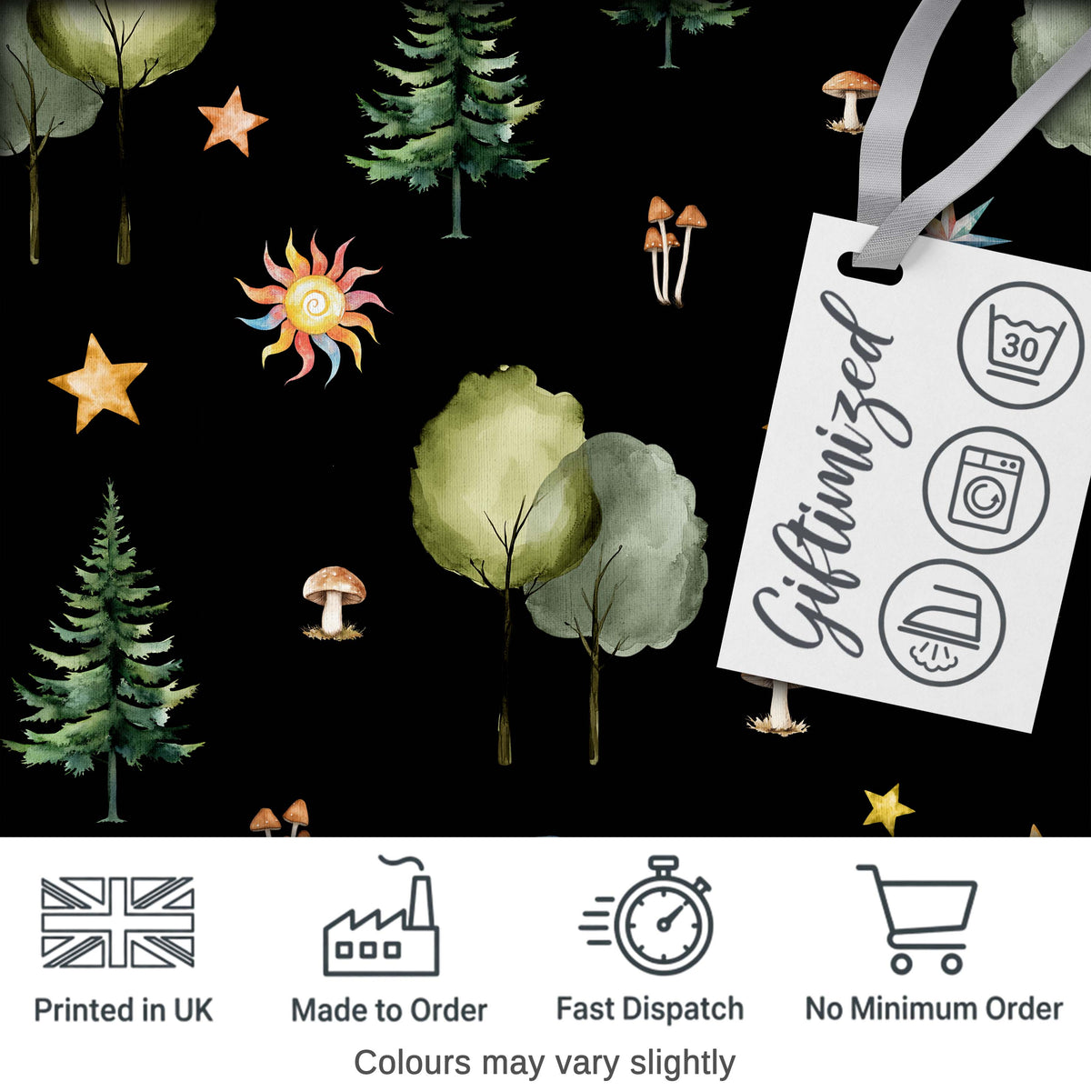 Watercolor Forest Trees Mushrooms Sun Moon Stars Seamless Pattern Digital Print Fabric by the Metre UK Sewing Quilting Textile