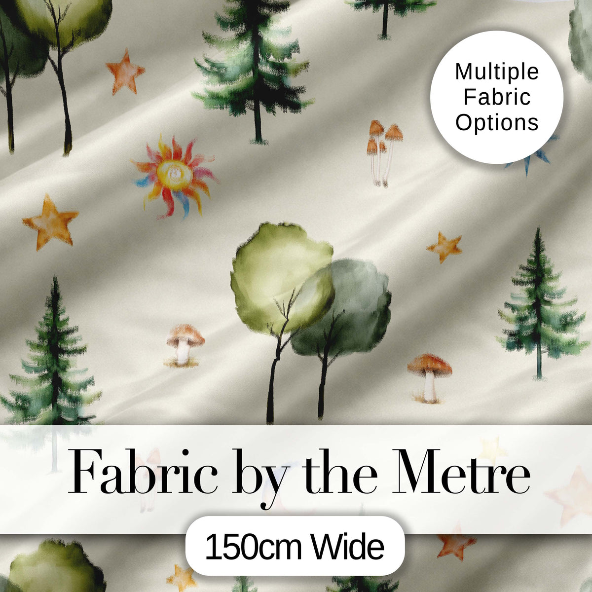 Watercolor Forest Trees Mushrooms Sun Moon Stars on Beige Seamless Pattern Digital Print Fabric by the Metre UK Sewing Quilting Textile