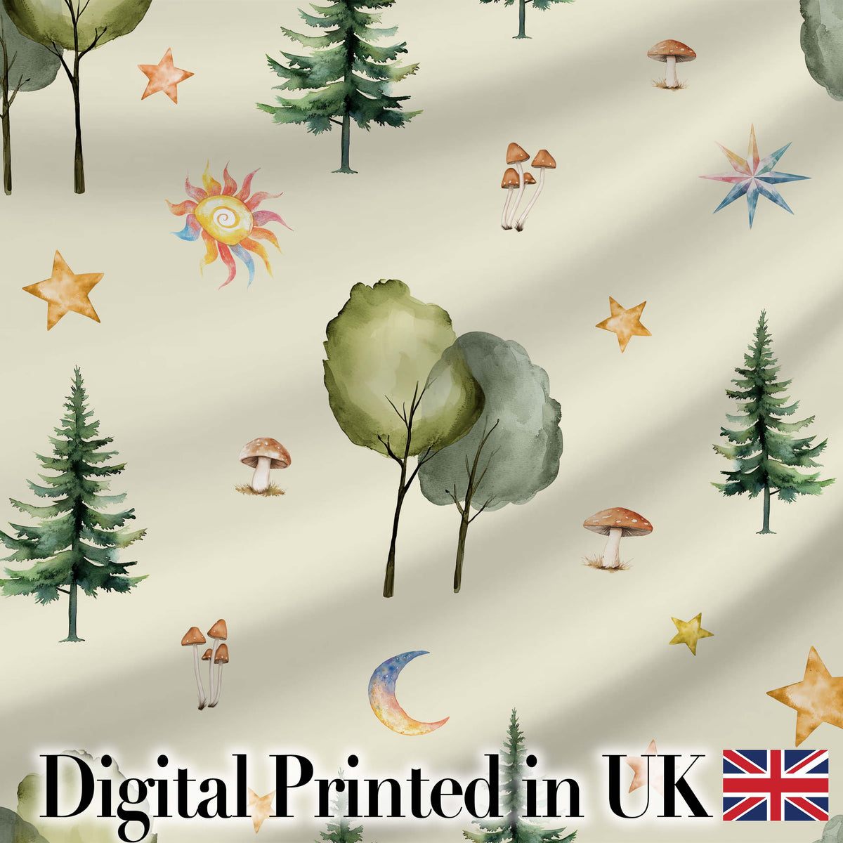 Watercolor Forest Trees Mushrooms Sun Moon Stars on Beige Seamless Pattern Digital Print Fabric by the Metre UK Sewing Quilting Textile