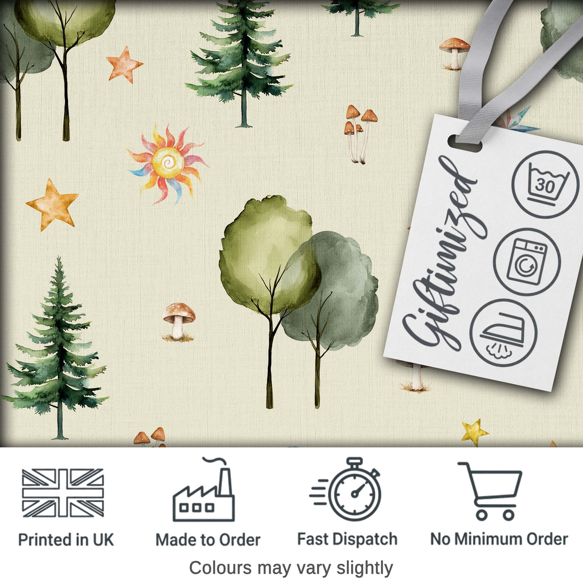 Watercolor Forest Trees Mushrooms Sun Moon Stars on Beige Seamless Pattern Digital Print Fabric by the Metre UK Sewing Quilting Textile