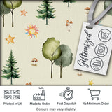 Watercolor Forest Trees Mushrooms Sun Moon Stars on Beige Seamless Pattern Digital Print Fabric by the Metre UK Sewing Quilting Textile