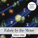 Watercolor Forest Trees Mushrooms Sun Moon Stars on Dark Blue Seamless Pattern Digital Print Fabric by the Metre UK Sewing Quilting Textile