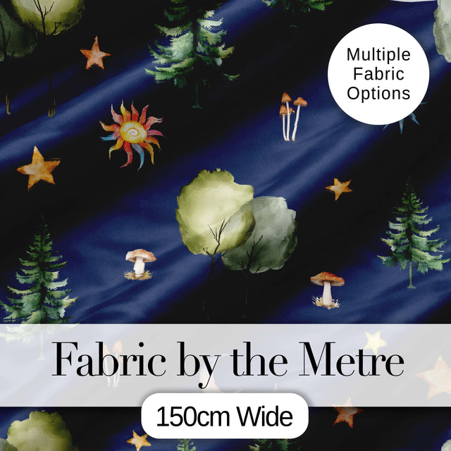 Watercolor Forest Trees Mushrooms Sun Moon Stars on Dark Blue Seamless Pattern Digital Print Fabric by the Metre UK Sewing Quilting Textile