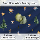 Watercolor Forest Trees Mushrooms Sun Moon Stars on Dark Blue Seamless Pattern Digital Print Fabric by the Metre UK Sewing Quilting Textile