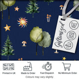 Watercolor Forest Trees Mushrooms Sun Moon Stars on Dark Blue Seamless Pattern Digital Print Fabric by the Metre UK Sewing Quilting Textile
