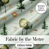 Watercolor Forest Trees Mushrooms Sun Moon Stars on Sage Green Seamless Pattern Digital Print Fabric by the Metre UK Sewing Quilting Textile