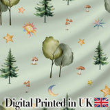 Watercolor Forest Trees Mushrooms Sun Moon Stars on Sage Green Seamless Pattern Digital Print Fabric by the Metre UK Sewing Quilting Textile