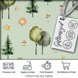 Watercolor Forest Trees Mushrooms Sun Moon Stars on Sage Green Seamless Pattern Digital Print Fabric by the Metre UK Sewing Quilting Textile