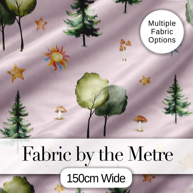 Watercolor Forest Trees Mushrooms Sun Moon Stars on Blush Pink Seamless Pattern Digital Print Fabric by the Metre UK Sewing Quilting Textile