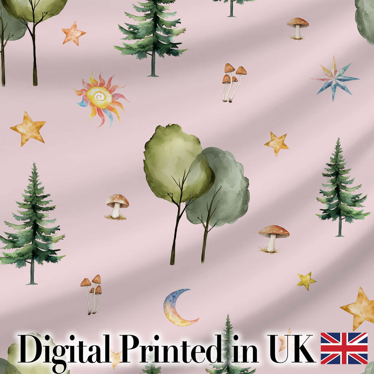Watercolor Forest Trees Mushrooms Sun Moon Stars on Blush Pink Seamless Pattern Digital Print Fabric by the Metre UK Sewing Quilting Textile