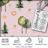 Watercolor Forest Trees Mushrooms Sun Moon Stars on Blush Pink Seamless Pattern Digital Print Fabric by the Metre UK Sewing Quilting Textile