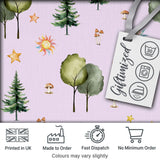 Watercolor Forest Trees Mushrooms Sun Moon Stars on Soft Lilac Seamless Pattern Digital Print Fabric by the Metre UK Sewing Quilting Textile