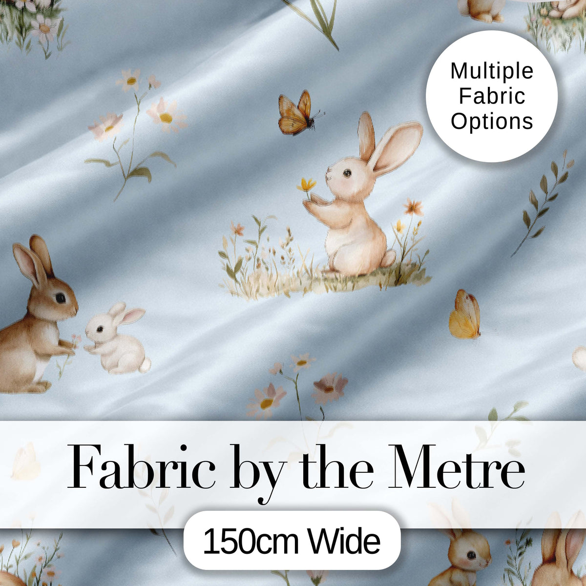 Watercolor  Bunny Rabbits Butterflies Wildflowers on Sky Blue Seamless Pattern Digital Print Fabric by the Metre UK Sewing Quilting Textile