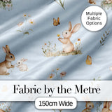 Watercolor  Bunny Rabbits Butterflies Wildflowers on Sky Blue Seamless Pattern Digital Print Fabric by the Metre UK Sewing Quilting Textile