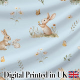 Watercolor  Bunny Rabbits Butterflies Wildflowers on Sky Blue Seamless Pattern Digital Print Fabric by the Metre UK Sewing Quilting Textile