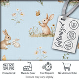 Watercolor  Bunny Rabbits Butterflies Wildflowers on Sky Blue Seamless Pattern Digital Print Fabric by the Metre UK Sewing Quilting Textile