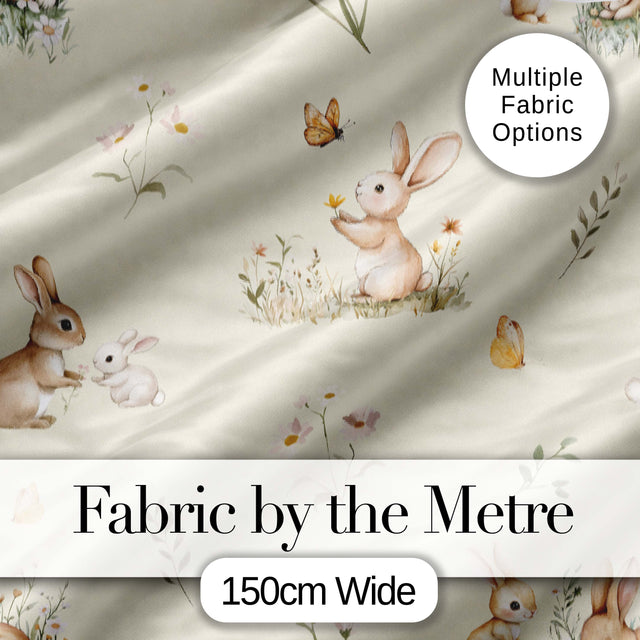 Watercolor Cute Bunny Rabbits Butterflies Wildflowers on Cream Seamless Pattern Digital Print Fabric by the Metre UK Sewing Quilting Textile
