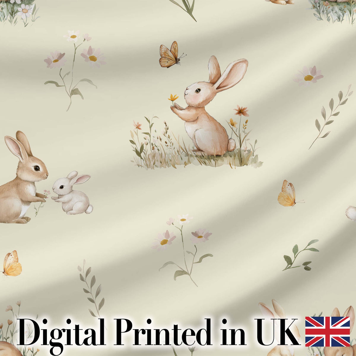Watercolor Cute Bunny Rabbits Butterflies Wildflowers on Cream Seamless Pattern Digital Print Fabric by the Metre UK Sewing Quilting Textile