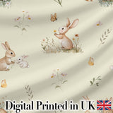 Watercolor Cute Bunny Rabbits Butterflies Wildflowers on Cream Seamless Pattern Digital Print Fabric by the Metre UK Sewing Quilting Textile