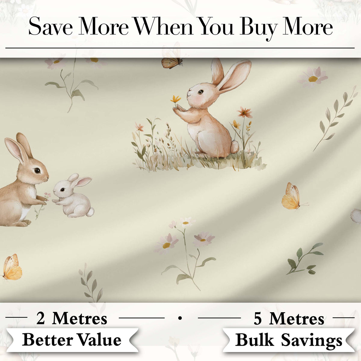 Watercolor Cute Bunny Rabbits Butterflies Wildflowers on Cream Seamless Pattern Digital Print Fabric by the Metre UK Sewing Quilting Textile