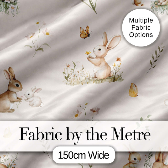 Watercolor Bunny Butterfly Floral Meadow Seamless Pattern Digital Print Fabric by the Metre UK Sewing Quilting Textile