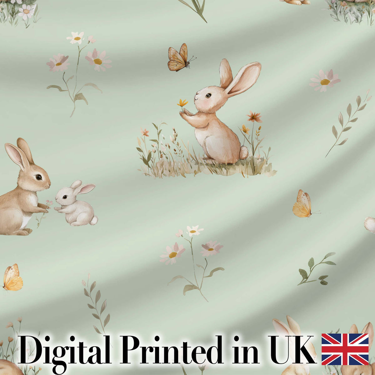 Watercolor Bunny Butterfly Floral Meadow Soft Sage Pattern Digital Print Fabric by the Metre UK Sewing Quilting Textile