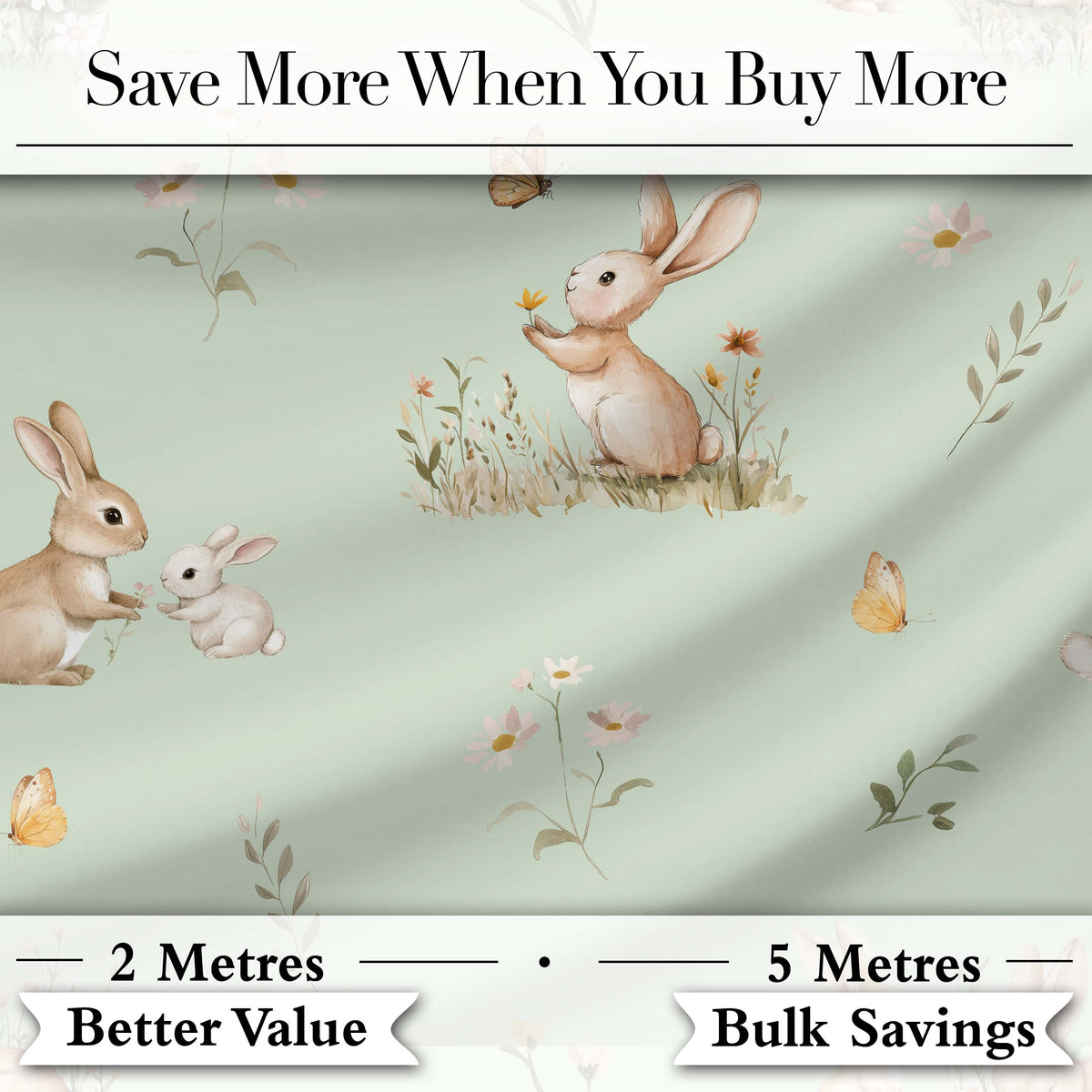 Watercolor Bunny Butterfly Floral Meadow Soft Sage Pattern Digital Print Fabric by the Metre UK Sewing Quilting Textile