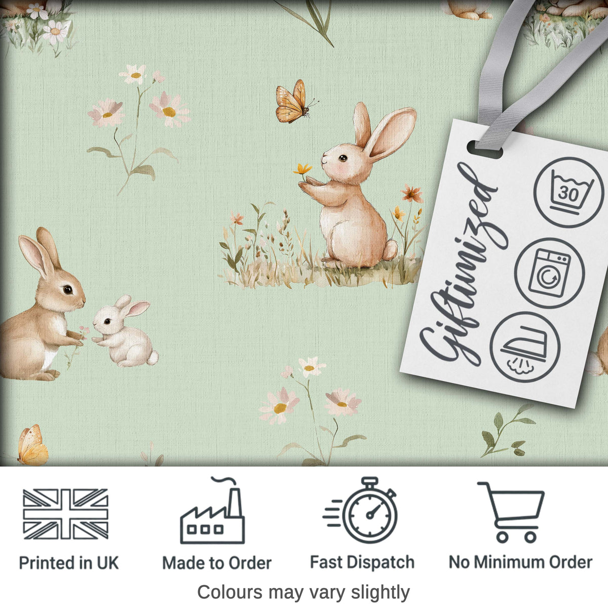 Watercolor Bunny Butterfly Floral Meadow Soft Sage Pattern Digital Print Fabric by the Metre UK Sewing Quilting Textile