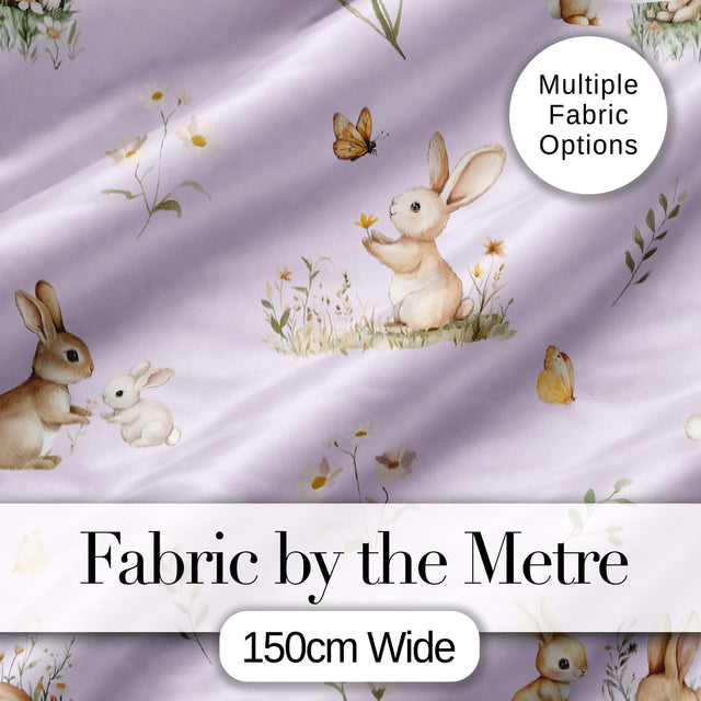 Watercolor Bunny Butterfly Floral Meadow Pale Lilac Pattern Digital Print Fabric by the Metre UK Sewing Quilting Textile