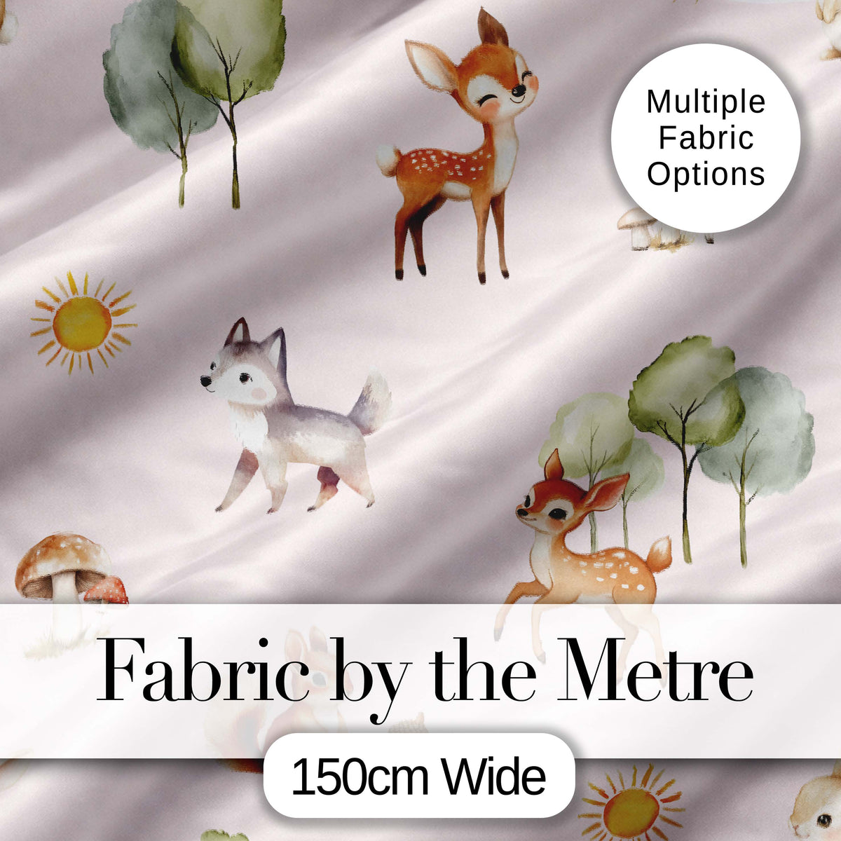 Cute Woodland Deer Fox Squirrel Mushroom Forest Pattern Digital Print Fabric by the Metre UK Sewing Quilting Textile