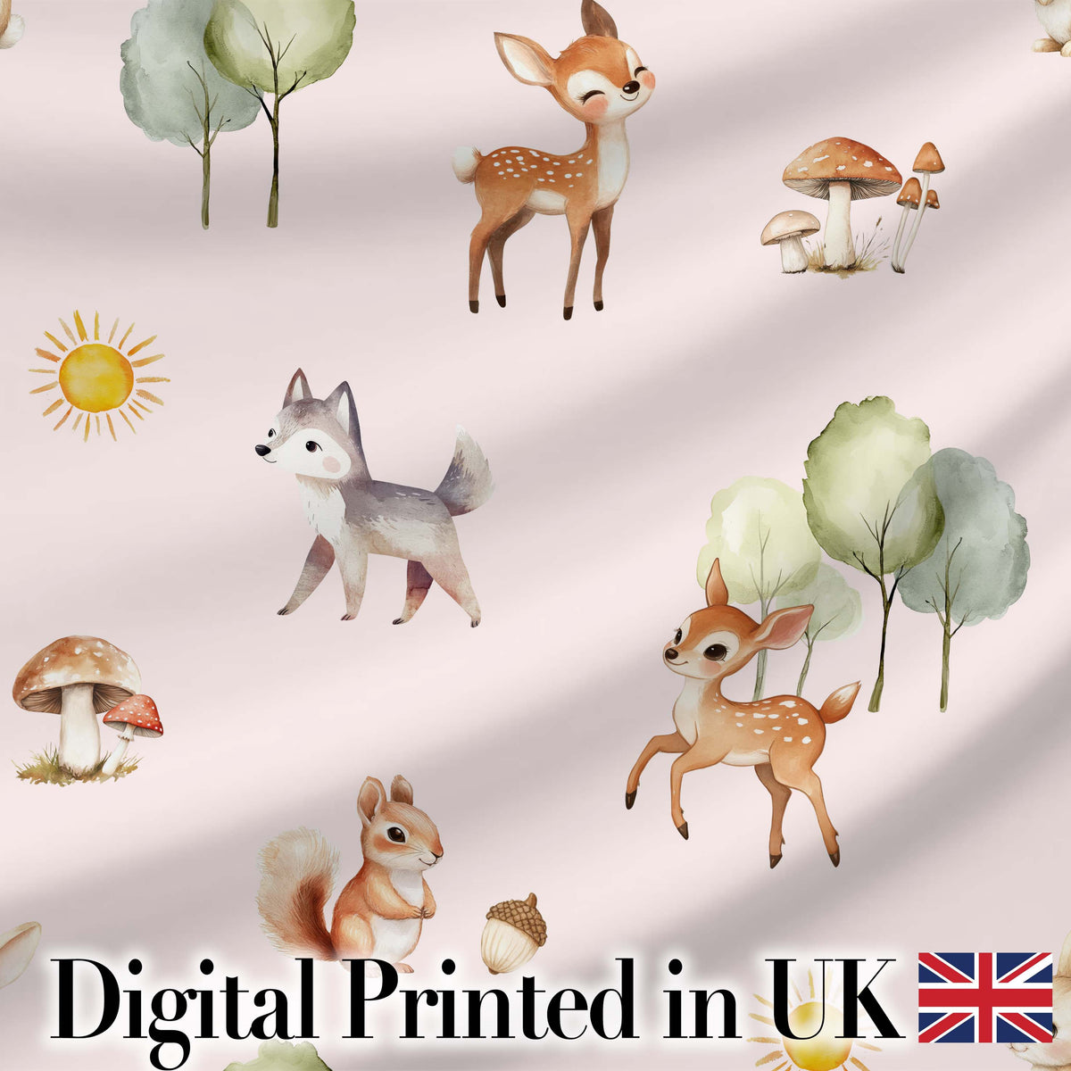 Cute Woodland Deer Fox Squirrel Mushroom Forest Pattern Digital Print Fabric by the Metre UK Sewing Quilting Textile