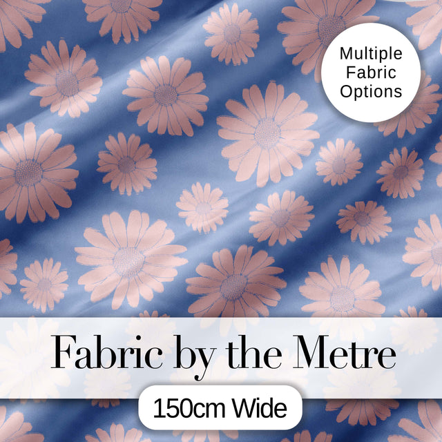 Blue Background Peach Daisy Floral Seamless Pattern  Flower Style Digital Print Fabric by the Metre UK Sewing Quilting Textile