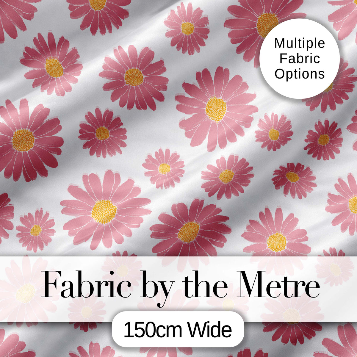 Grey Background Pink Daisy Floral Seamless Pattern Bright Center Flowers Digital Print Fabric by the Metre UK Sewing Quilting Textile