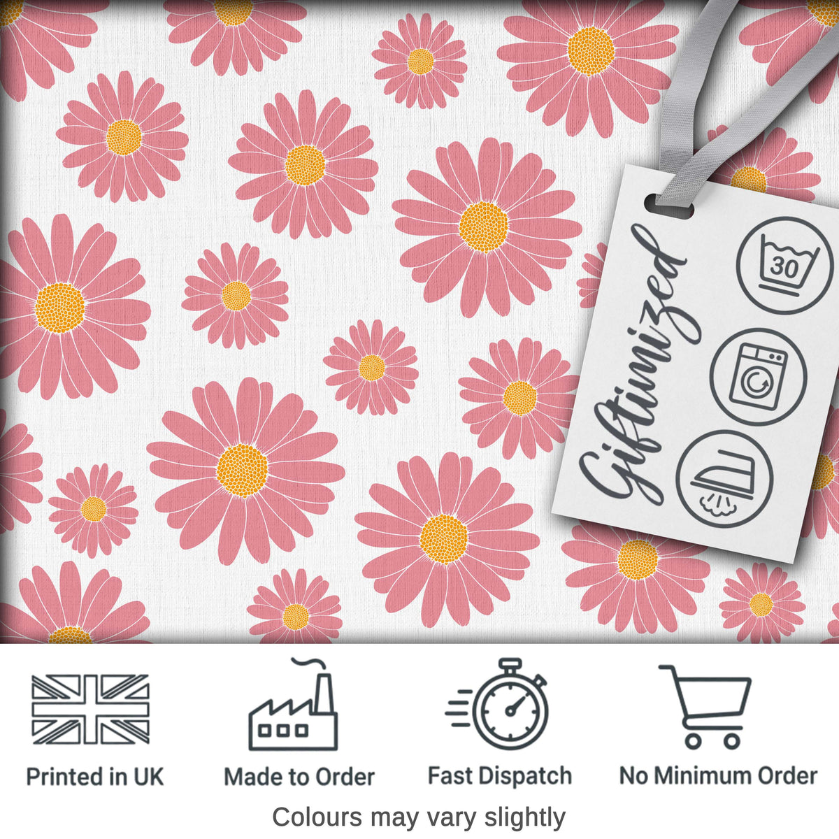Grey Background Pink Daisy Floral Seamless Pattern Bright Center Flowers Digital Print Fabric by the Metre UK Sewing Quilting Textile