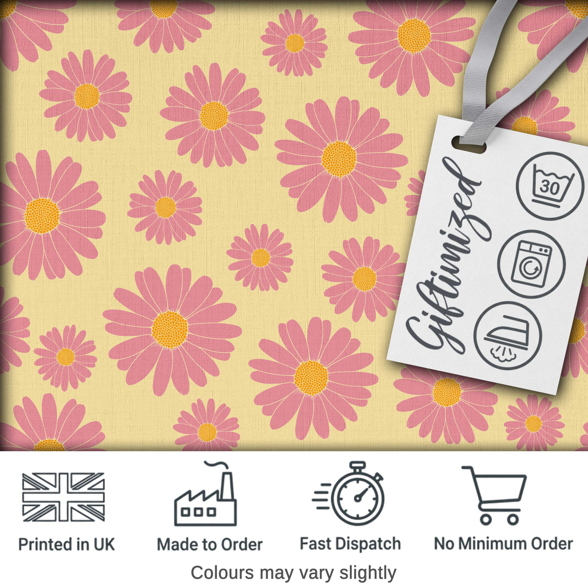Yellow Gradient Pink Daisy Floral Seamless Pattern Vintage Style Digital Print Fabric by the Metre UK Sewing Quilting Textile
