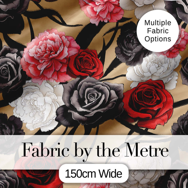 Elegant Rose Floral Pattern Red Black Cream Flowers Seamless Design Digital Print Fabric by the Metre UK Sewing Quilting Textile