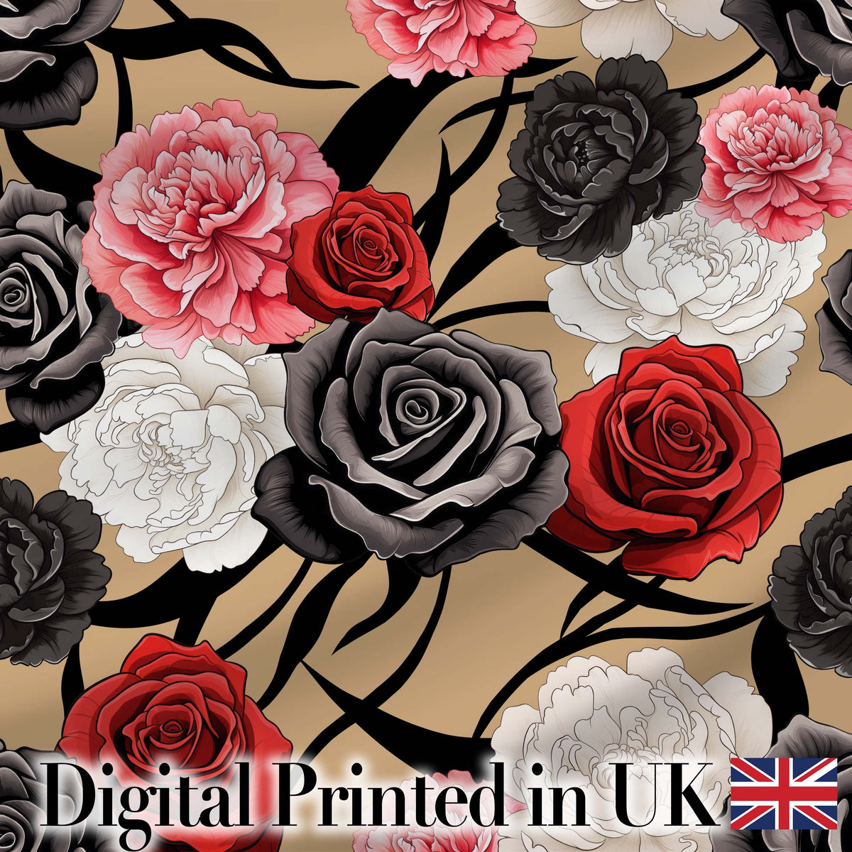 Elegant Rose Floral Pattern Red Black Cream Flowers Seamless Design Digital Print Fabric by the Metre UK Sewing Quilting Textile
