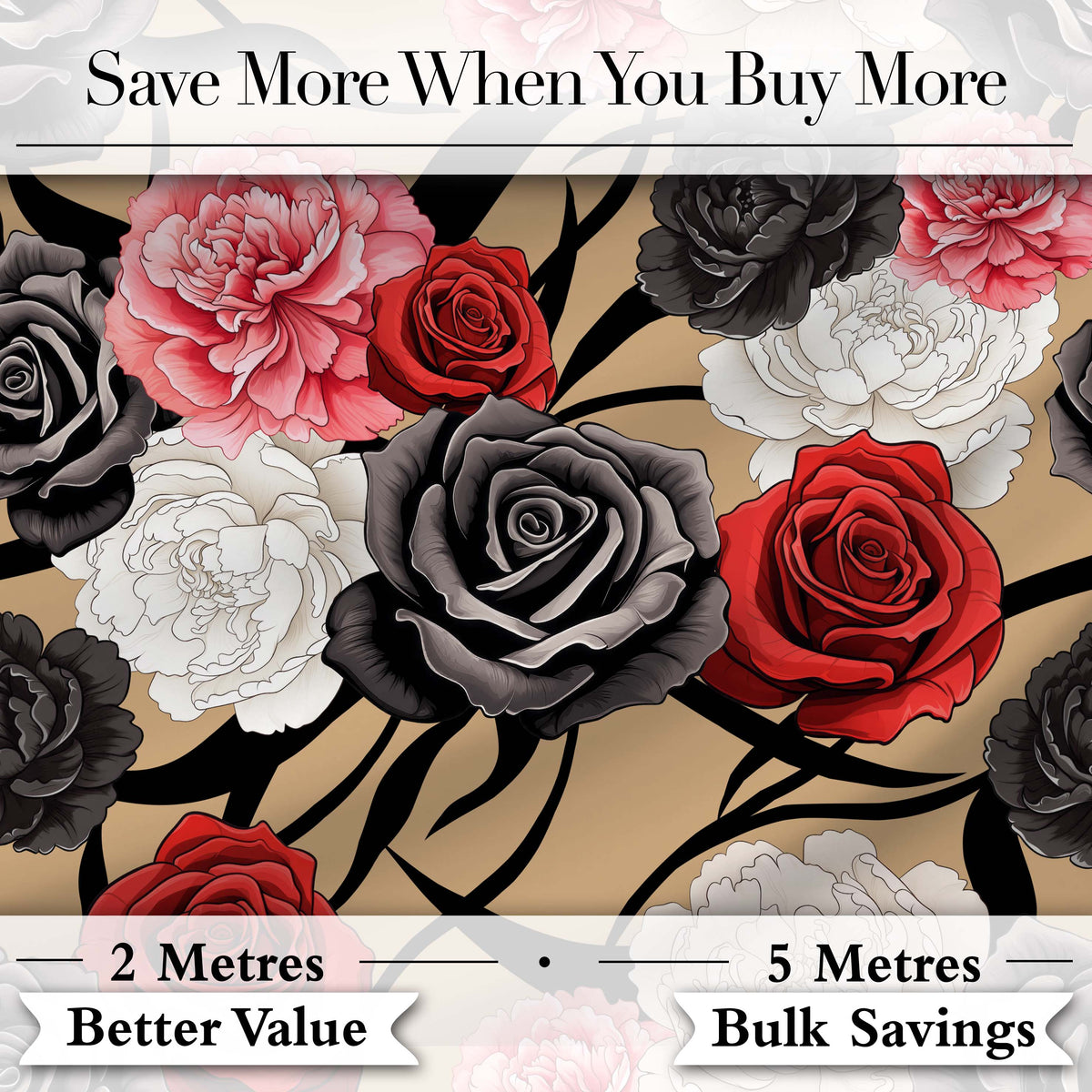 Elegant Rose Floral Pattern Red Black Cream Flowers Seamless Design Digital Print Fabric by the Metre UK Sewing Quilting Textile