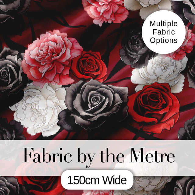 Red Black White Floral Roses Peonies Seamless Pattern Bold Elegant Botanical Digital Print Fabric by the Metre UK Sewing Quilting Textile