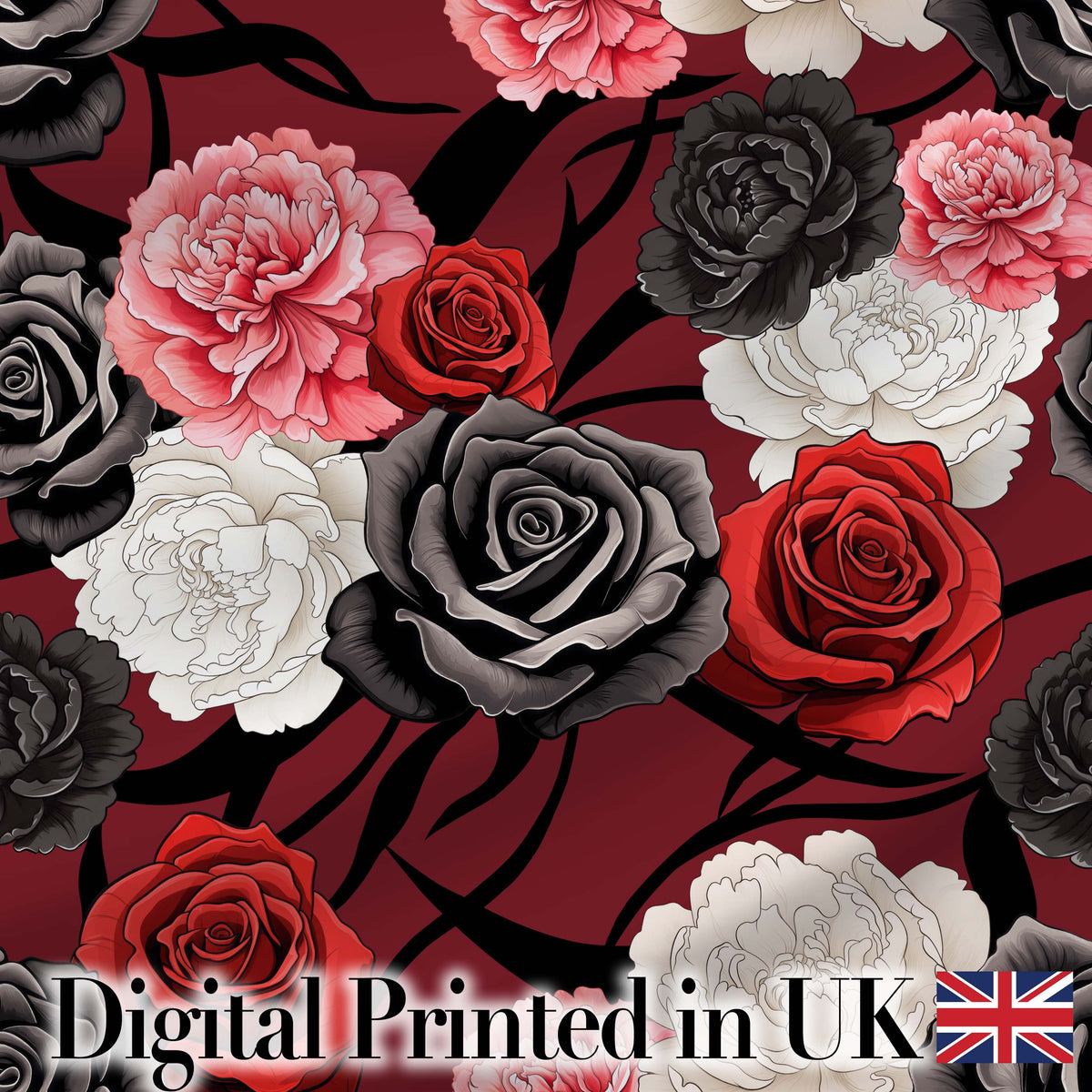 Red Black White Floral Roses Peonies Seamless Pattern Bold Elegant Botanical Digital Print Fabric by the Metre UK Sewing Quilting Textile