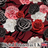 Red Black White Floral Roses Peonies Seamless Pattern Bold Elegant Botanical Digital Print Fabric by the Metre UK Sewing Quilting Textile