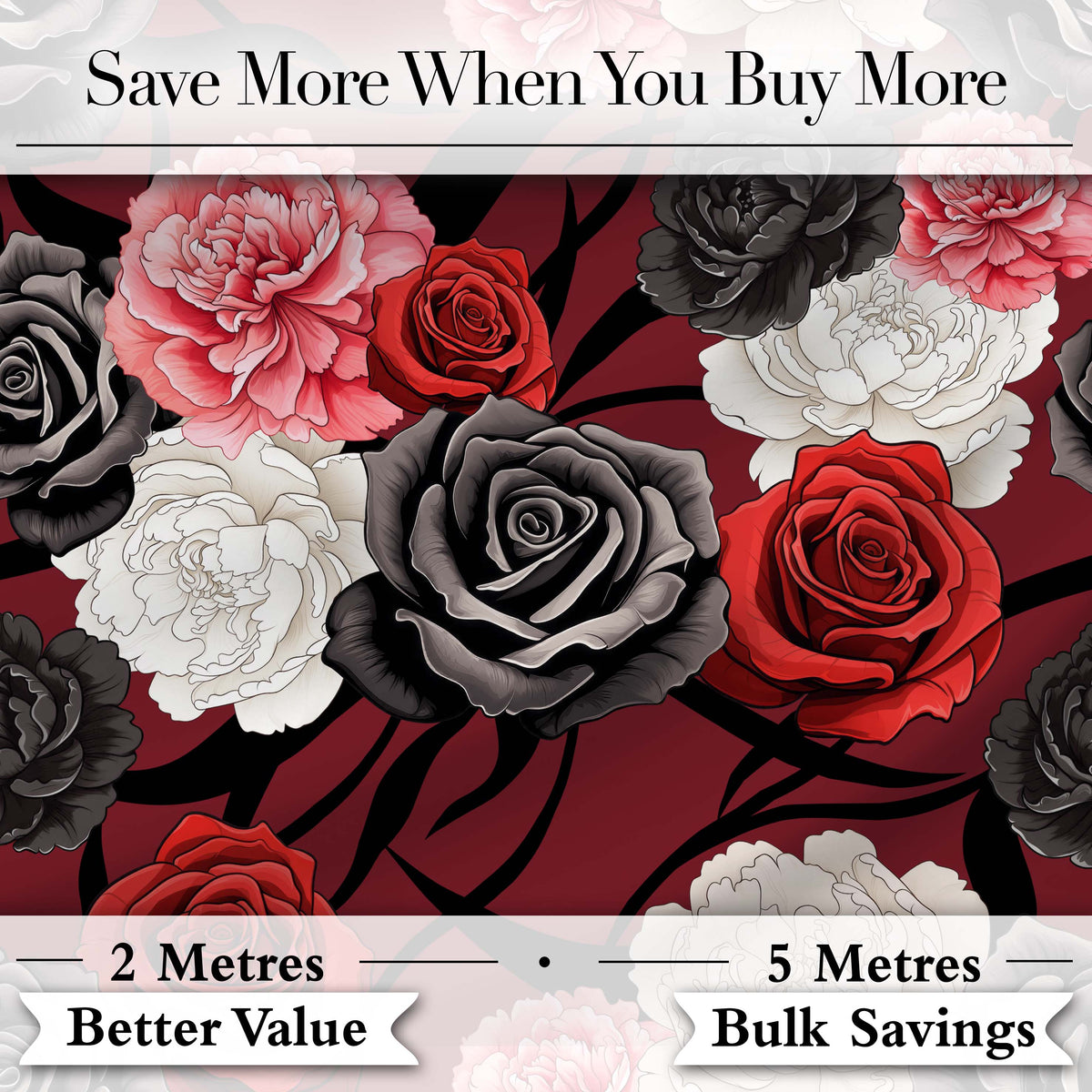 Red Black White Floral Roses Peonies Seamless Pattern Bold Elegant Botanical Digital Print Fabric by the Metre UK Sewing Quilting Textile