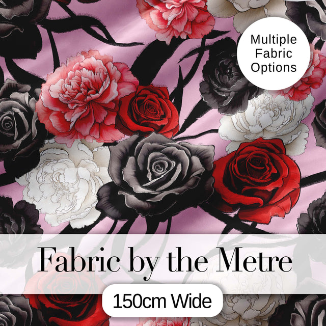 Soft Pink Background Red Black White Roses Peonies Seamless Floral Pattern Digital Print Fabric by the Metre UK Sewing Quilting Textile
