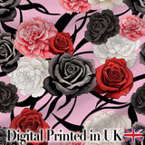 Soft Pink Background Red Black White Roses Peonies Seamless Floral Pattern Digital Print Fabric by the Metre UK Sewing Quilting Textile